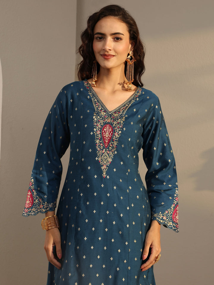 Blue Woven Design Silk Blend A-Line Suit Set With Dupatta