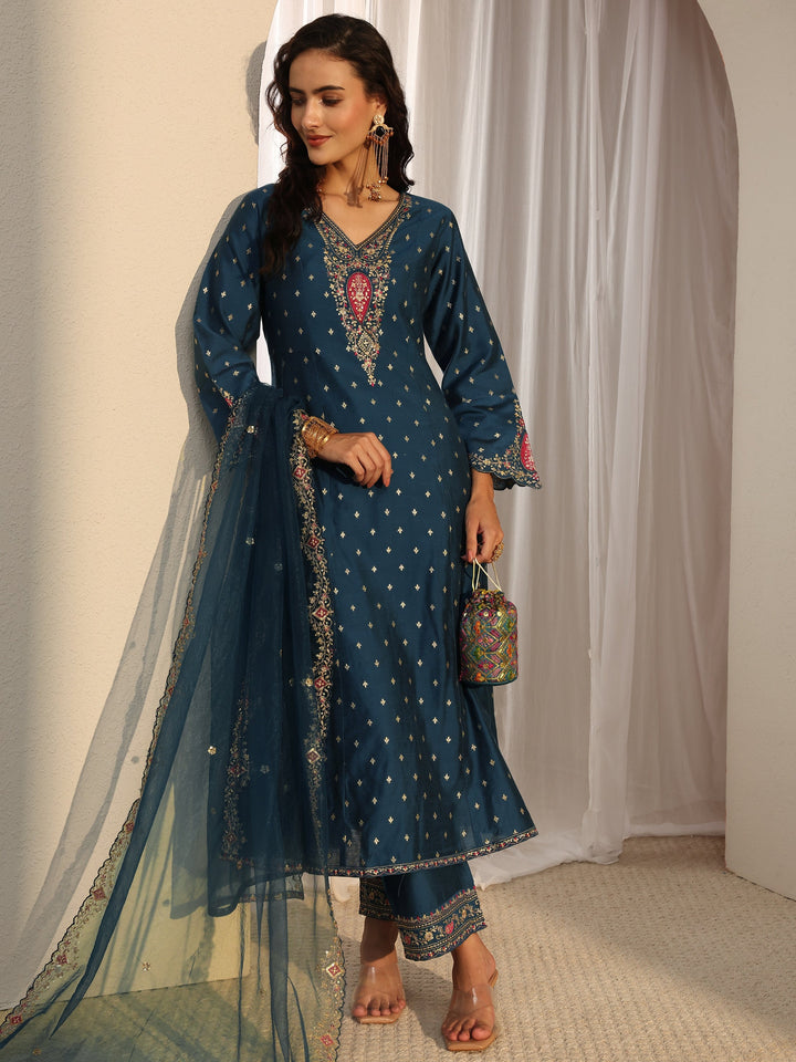 Blue Woven Design Silk Blend A-Line Suit Set With Dupatta