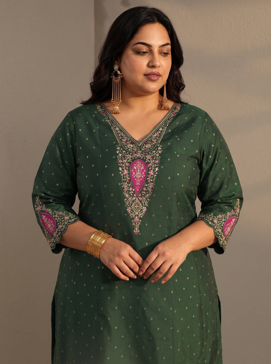 Plus Size Green Woven Design Silk Blend A-Line Suit Set With Dupatta
