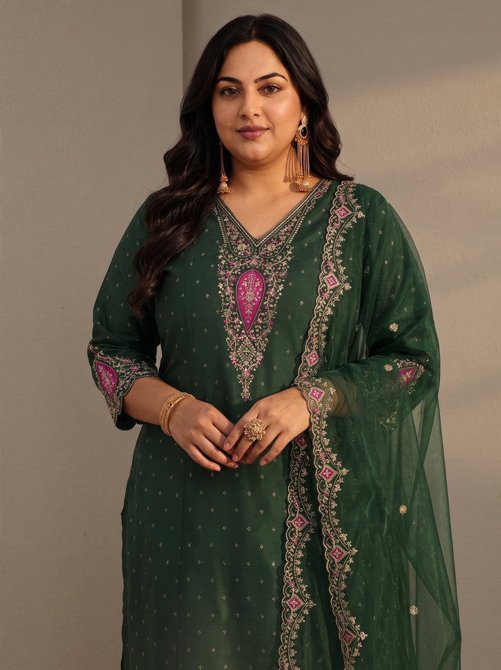 Plus Size Green Woven Design Silk Blend A-Line Suit Set With Dupatta