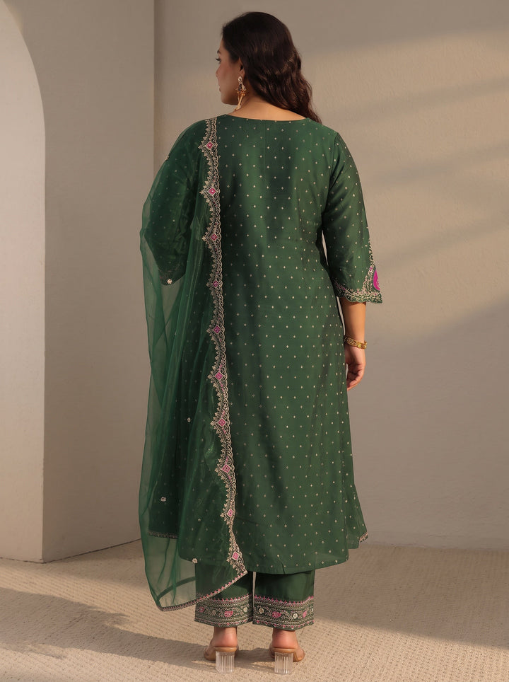 Plus Size Green Woven Design Silk Blend A-Line Suit Set With Dupatta
