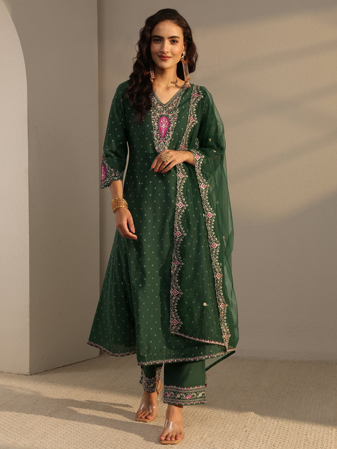 Green Woven Design Silk Blend A-Line Suit Set With Dupatta