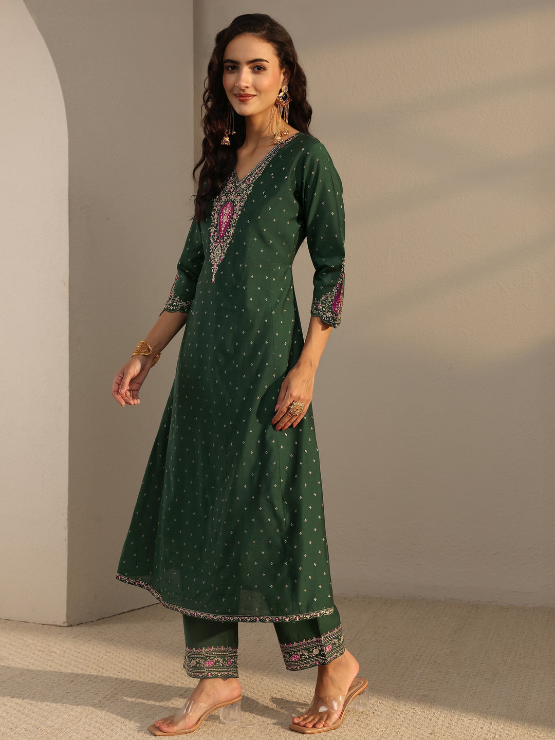 Green Woven Design Silk Blend A-Line Suit Set With Dupatta
