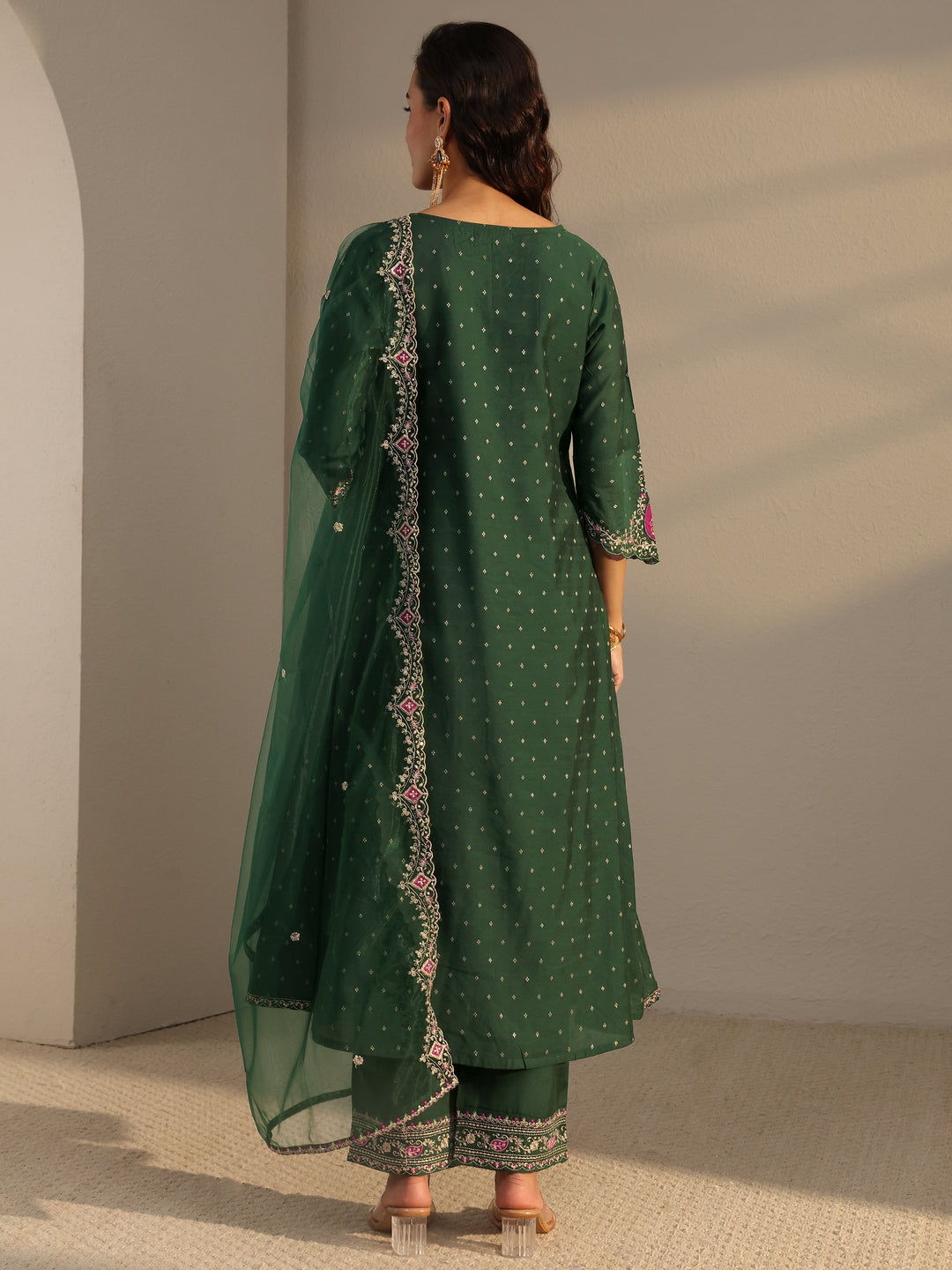 Green Woven Design Silk Blend A-Line Suit Set With Dupatta