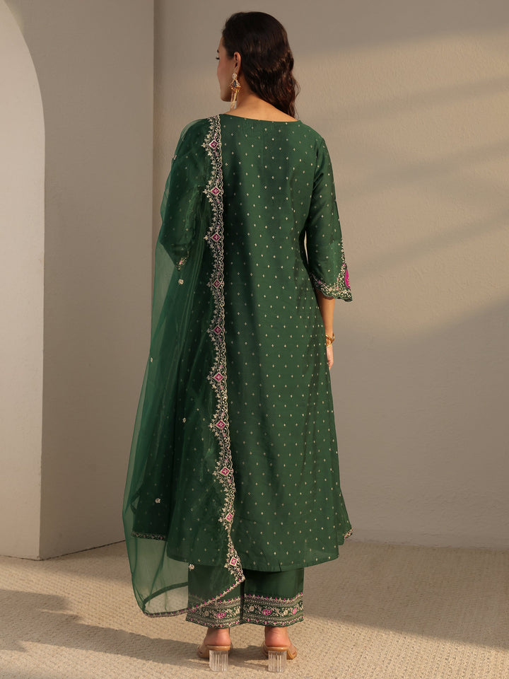 Green Woven Design Silk Blend A-Line Suit Set With Dupatta