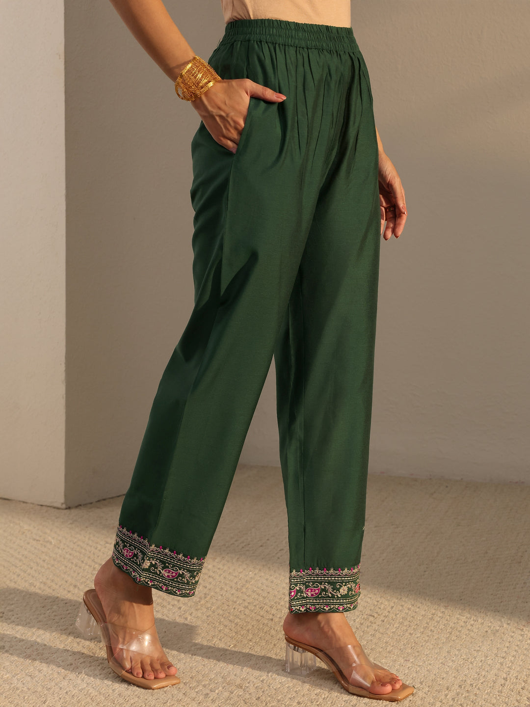 Green Woven Design Silk Blend A-Line Suit Set With Dupatta