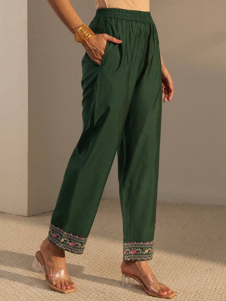 Green Woven Design Silk Blend A-Line Suit Set With Dupatta
