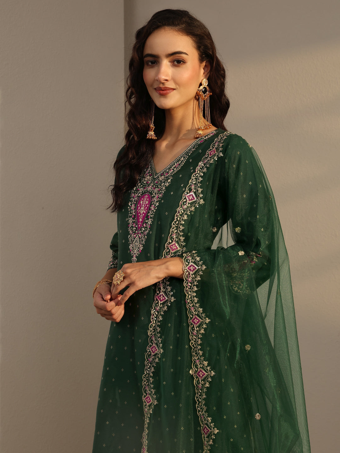 Green Woven Design Silk Blend A-Line Suit Set With Dupatta