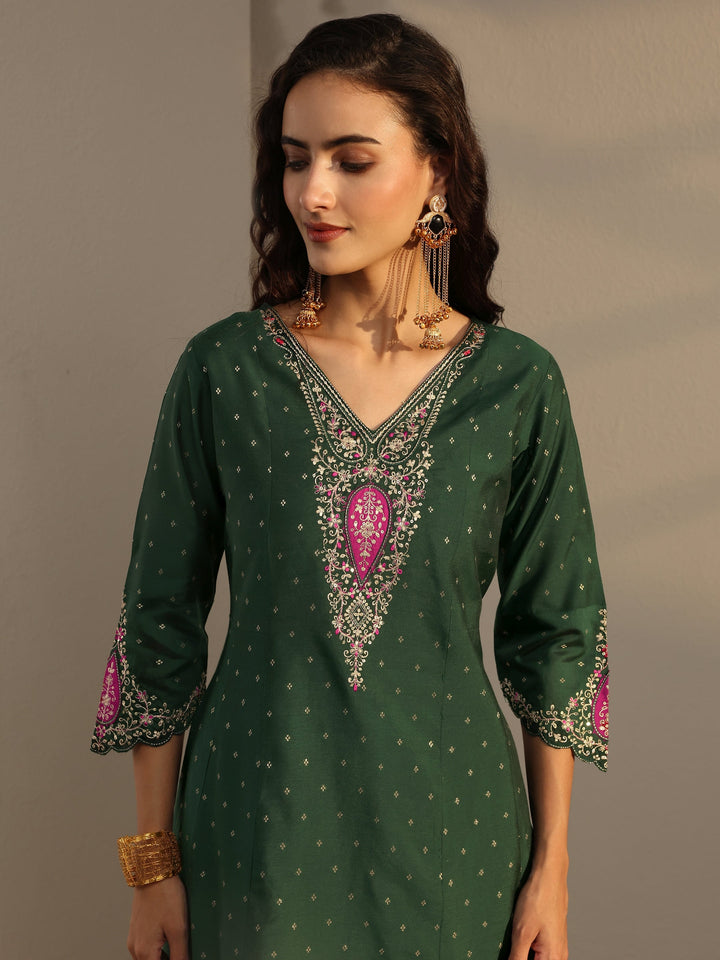 Green Woven Design Silk Blend A-Line Suit Set With Dupatta