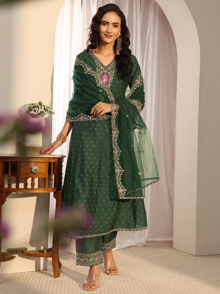 Green Woven Design Silk Blend A-Line Suit Set With Dupatta