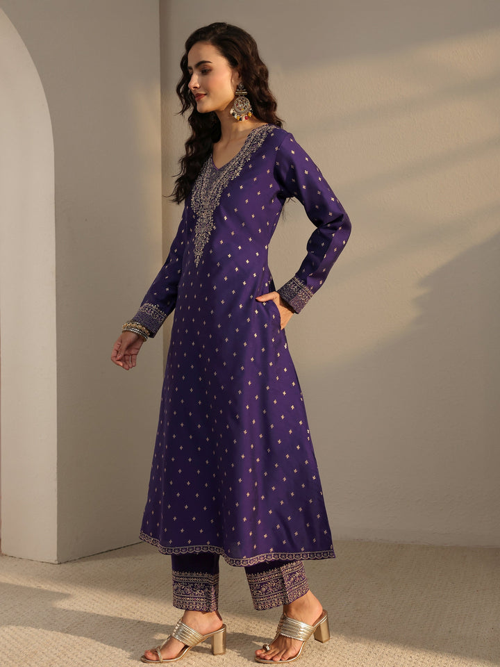 Purple Woven Design Silk Blend A-Line Suit Set With Dupatta