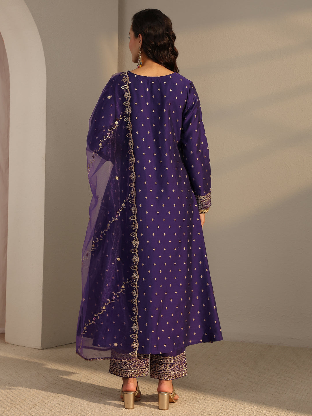 Purple Woven Design Silk Blend A-Line Suit Set With Dupatta