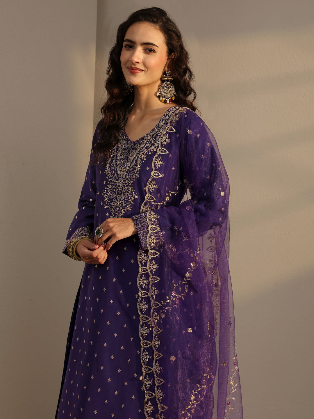 Purple Woven Design Silk Blend A-Line Suit Set With Dupatta