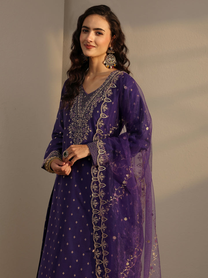 Purple Woven Design Silk Blend A-Line Suit Set With Dupatta