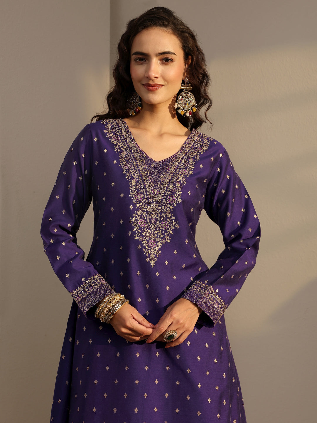 Purple Woven Design Silk Blend A-Line Suit Set With Dupatta