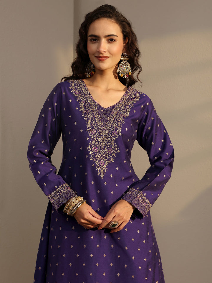 Purple Woven Design Silk Blend A-Line Suit Set With Dupatta