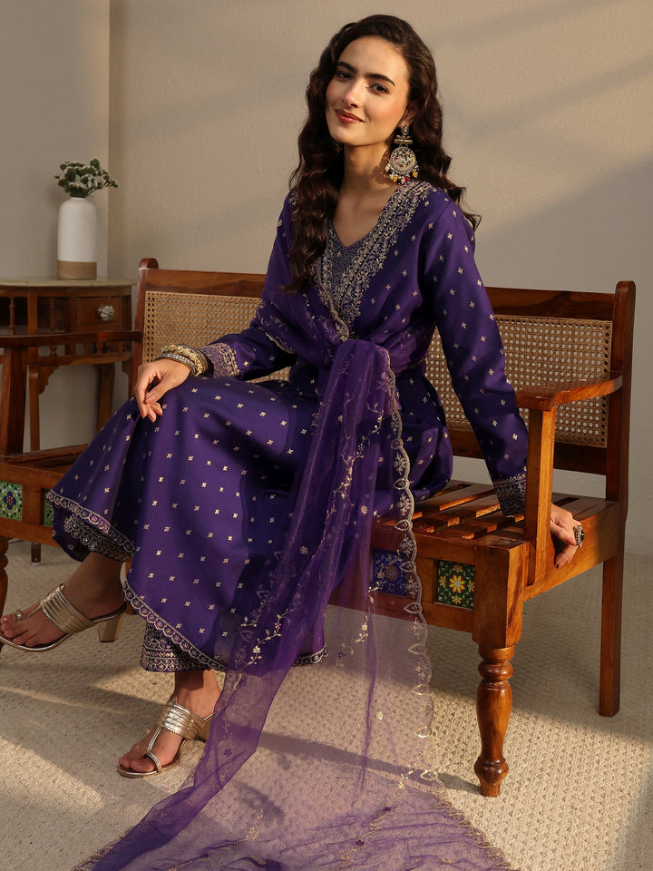 Purple Woven Design Silk Blend A-Line Suit Set With Dupatta
