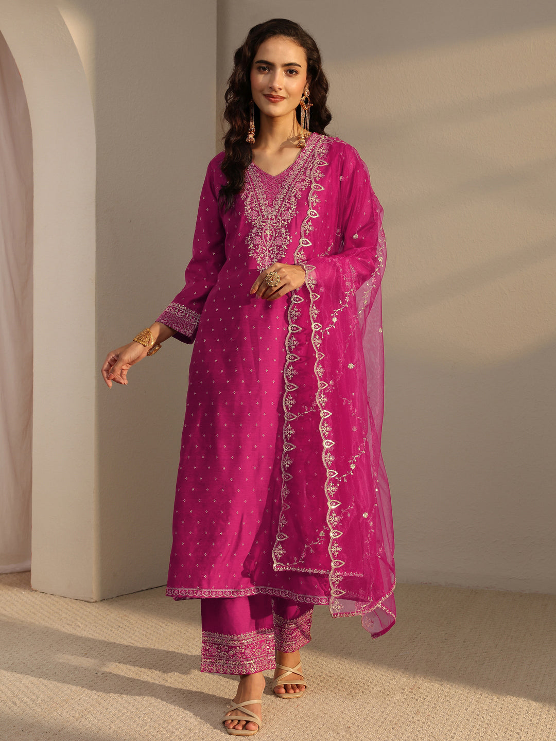 Pink Woven Design Silk Blend A-Line Suit Set With Dupatta