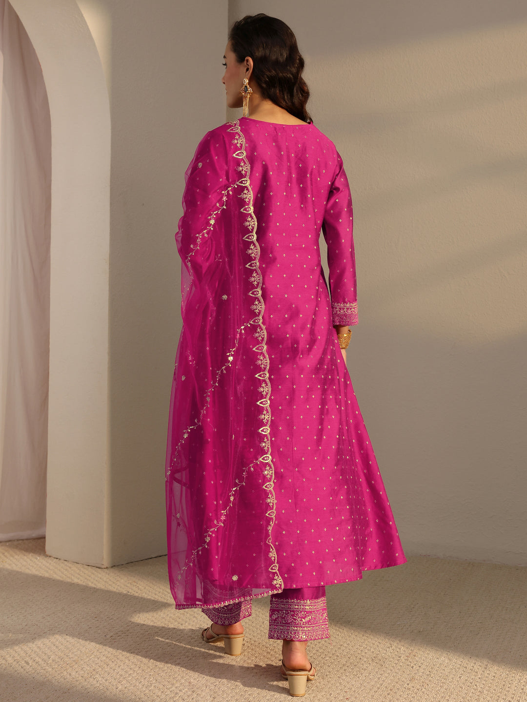 Pink Woven Design Silk Blend A-Line Suit Set With Dupatta