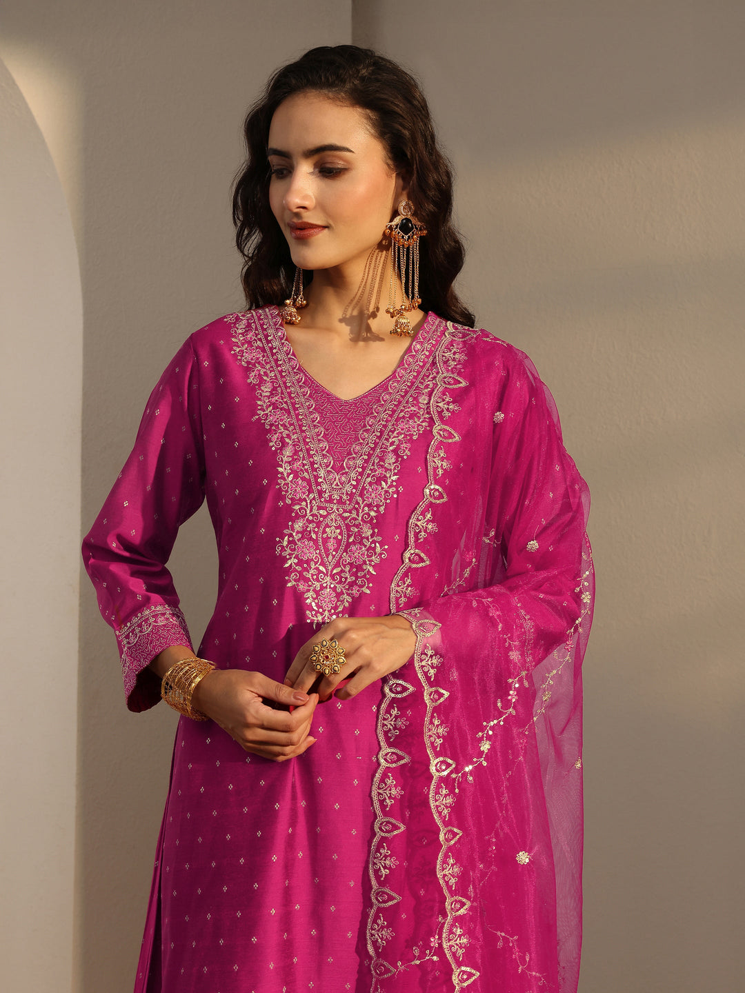 Pink Woven Design Silk Blend A-Line Suit Set With Dupatta