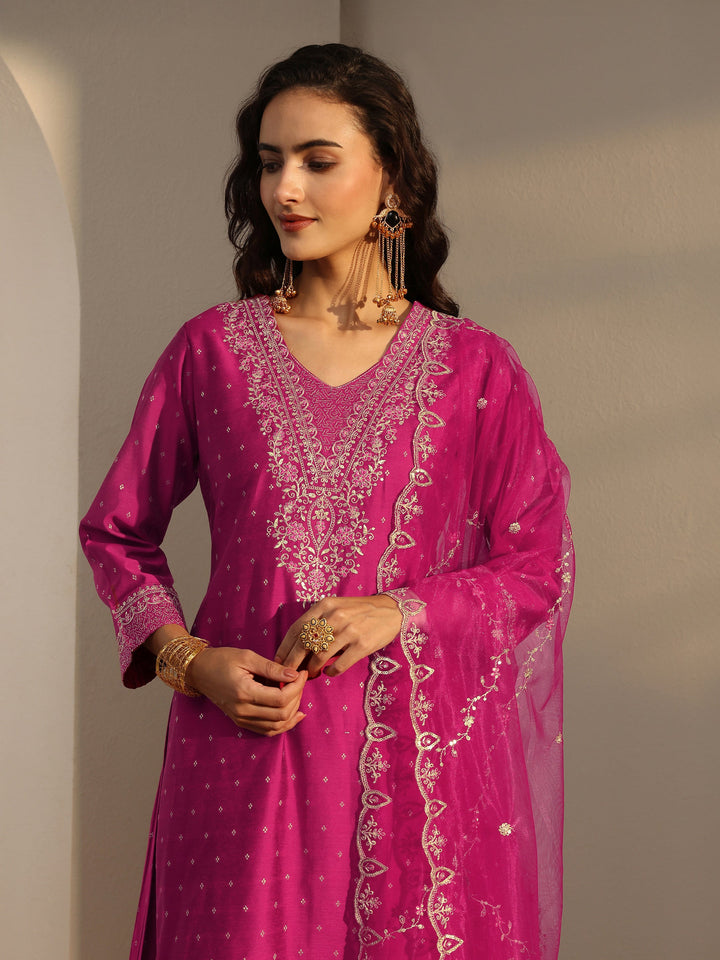 Pink Woven Design Silk Blend A-Line Suit Set With Dupatta