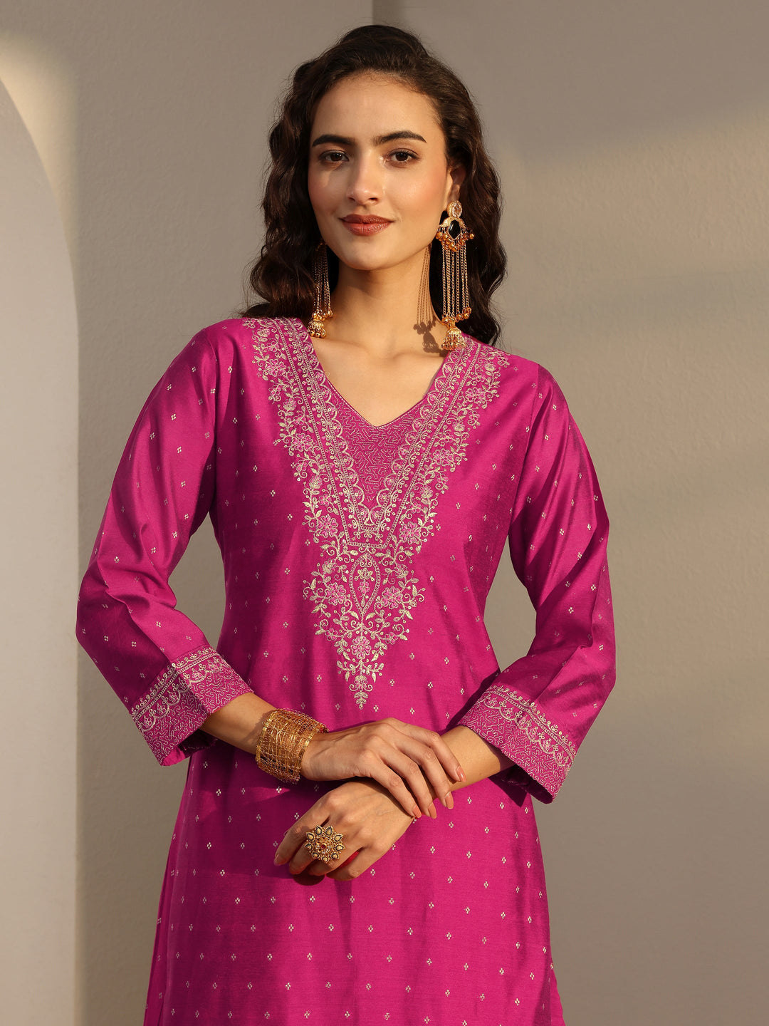 Pink Woven Design Silk Blend A-Line Suit Set With Dupatta