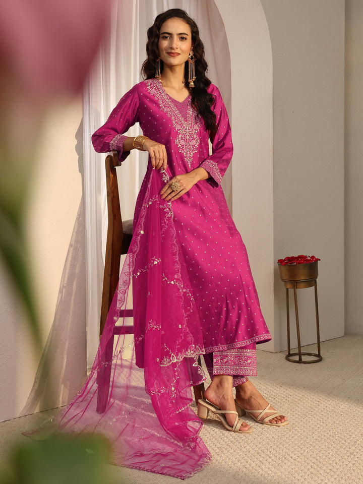 Pink Woven Design Silk Blend A-Line Suit Set With Dupatta