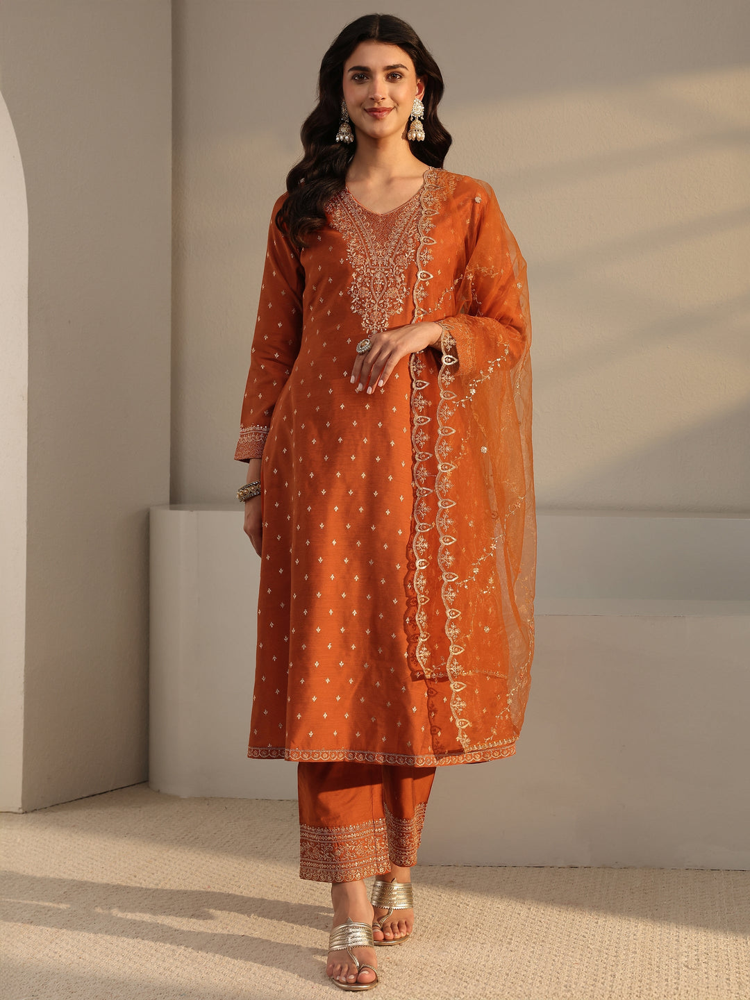 Rust Woven Design Silk Blend A-Line Suit Set With Dupatta