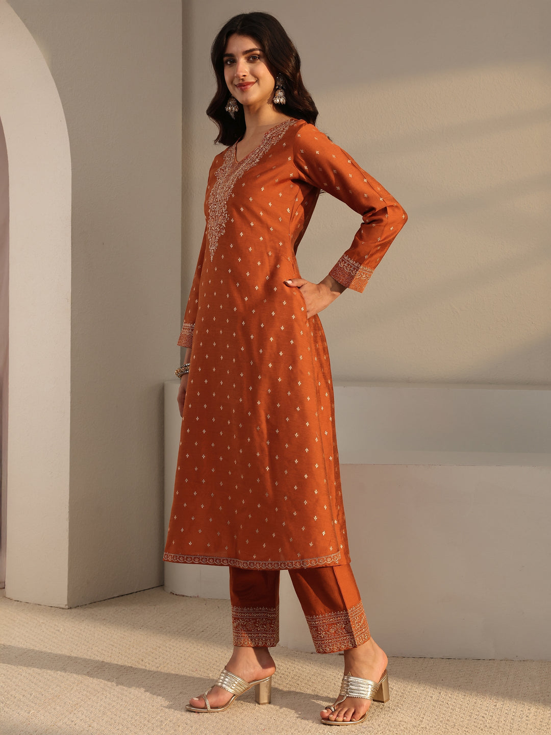 Rust Woven Design Silk Blend A-Line Suit Set With Dupatta