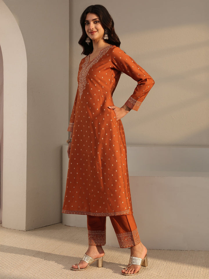 Rust Woven Design Silk Blend A-Line Suit Set With Dupatta
