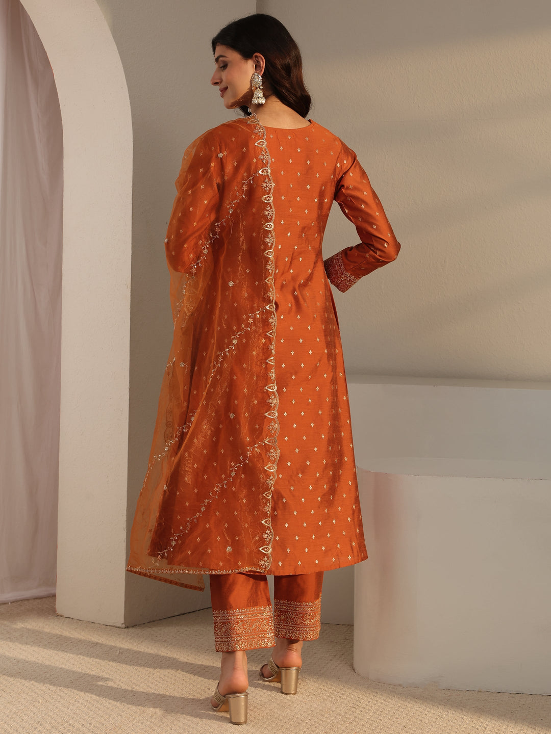 Rust Woven Design Silk Blend A-Line Suit Set With Dupatta