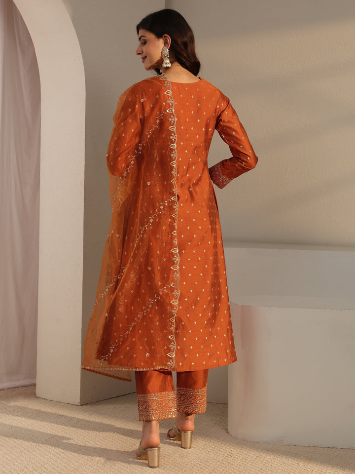 Rust Woven Design Silk Blend A-Line Suit Set With Dupatta