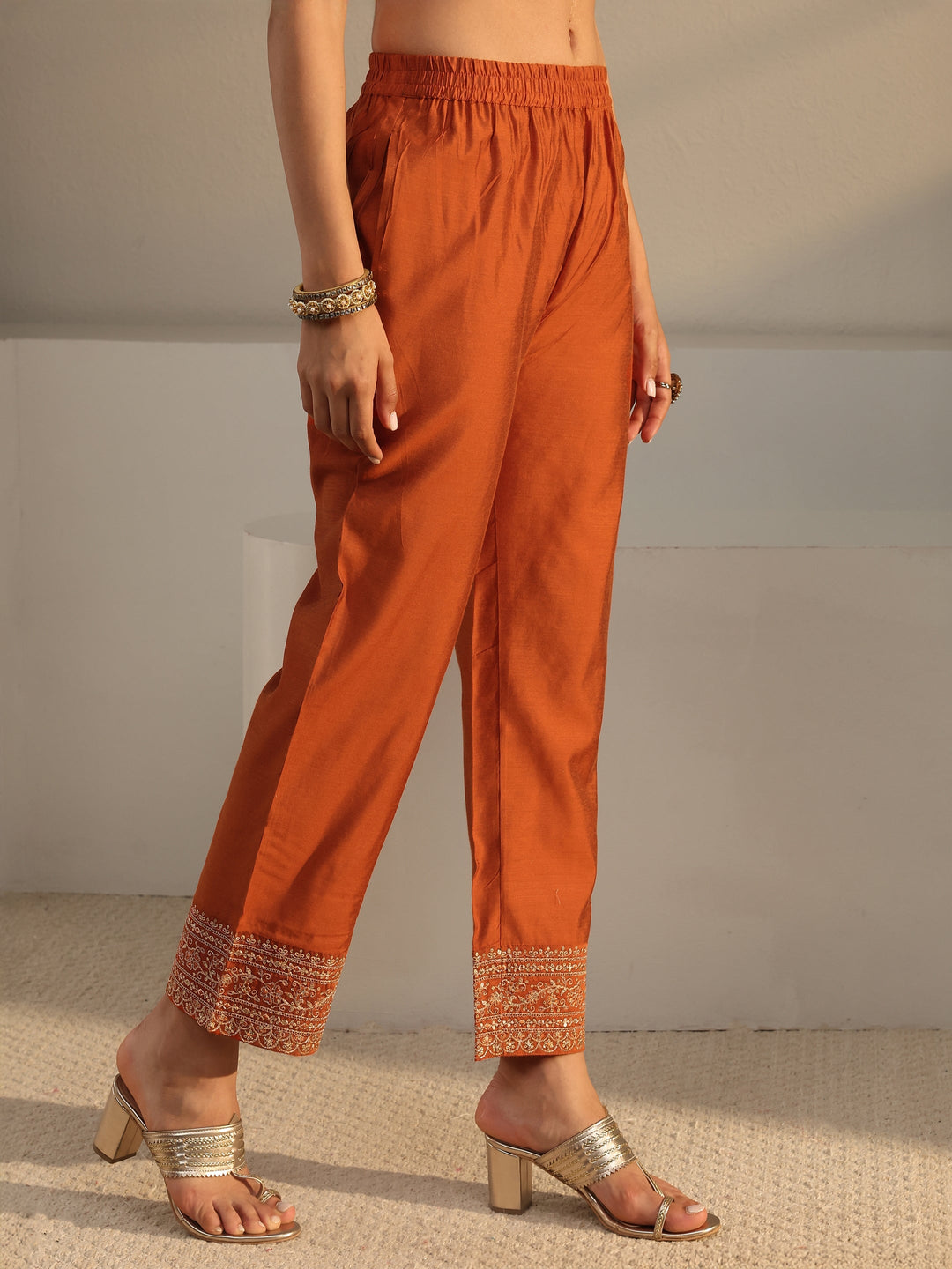 Rust Woven Design Silk Blend A-Line Suit Set With Dupatta