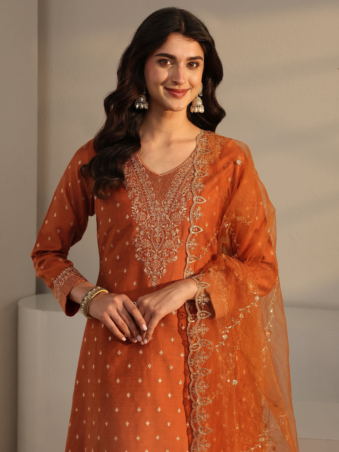 Rust Woven Design Silk Blend A-Line Suit Set With Dupatta