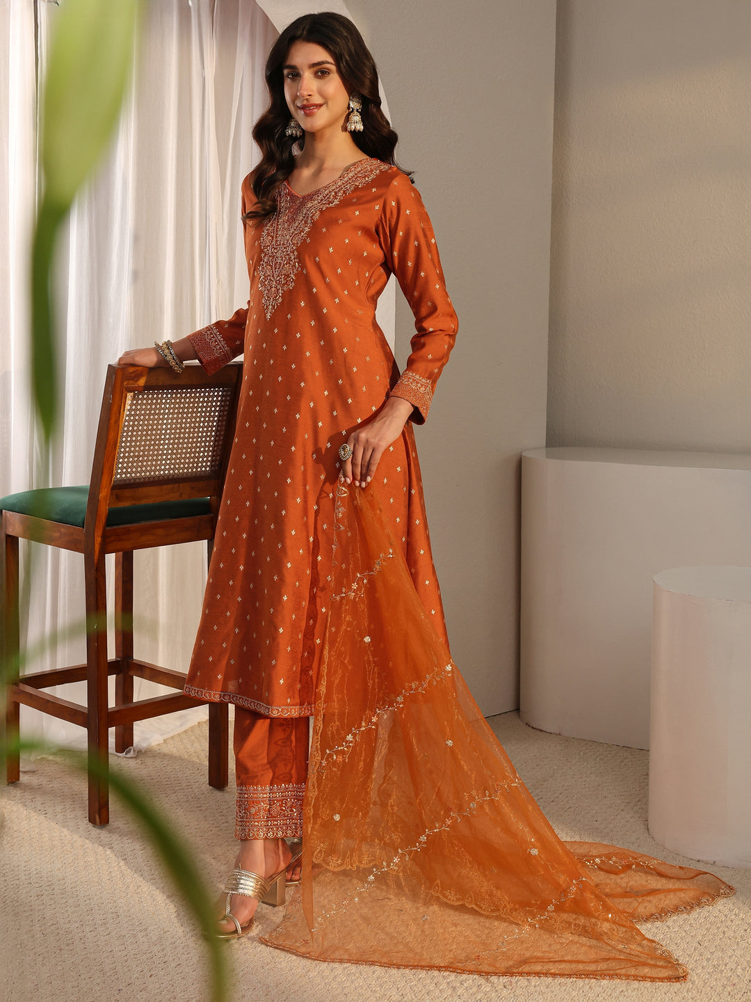 Rust Woven Design Silk Blend A-Line Suit Set With Dupatta