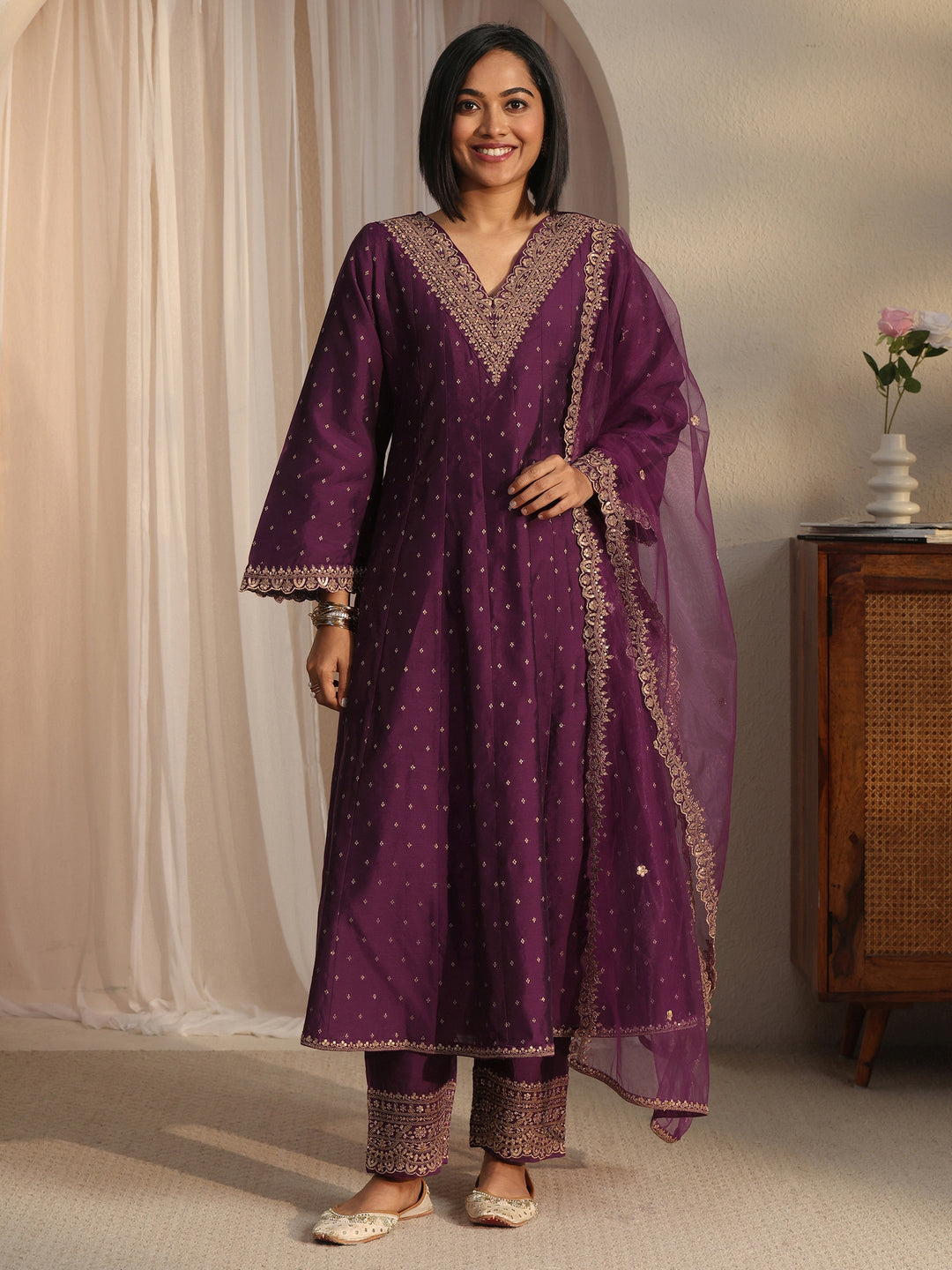 Libas Burgundy Ethnic Embroidered Silk Blend A-Line Suit Set