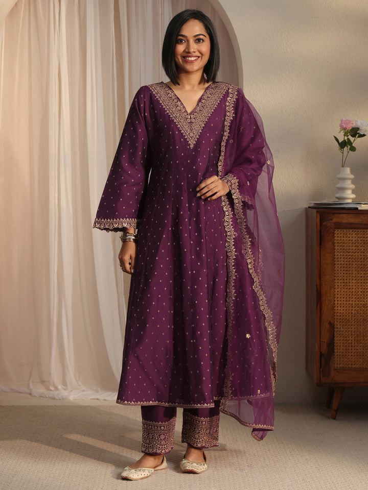 Libas Burgundy Ethnic Embroidered Silk Blend A-Line Suit Set