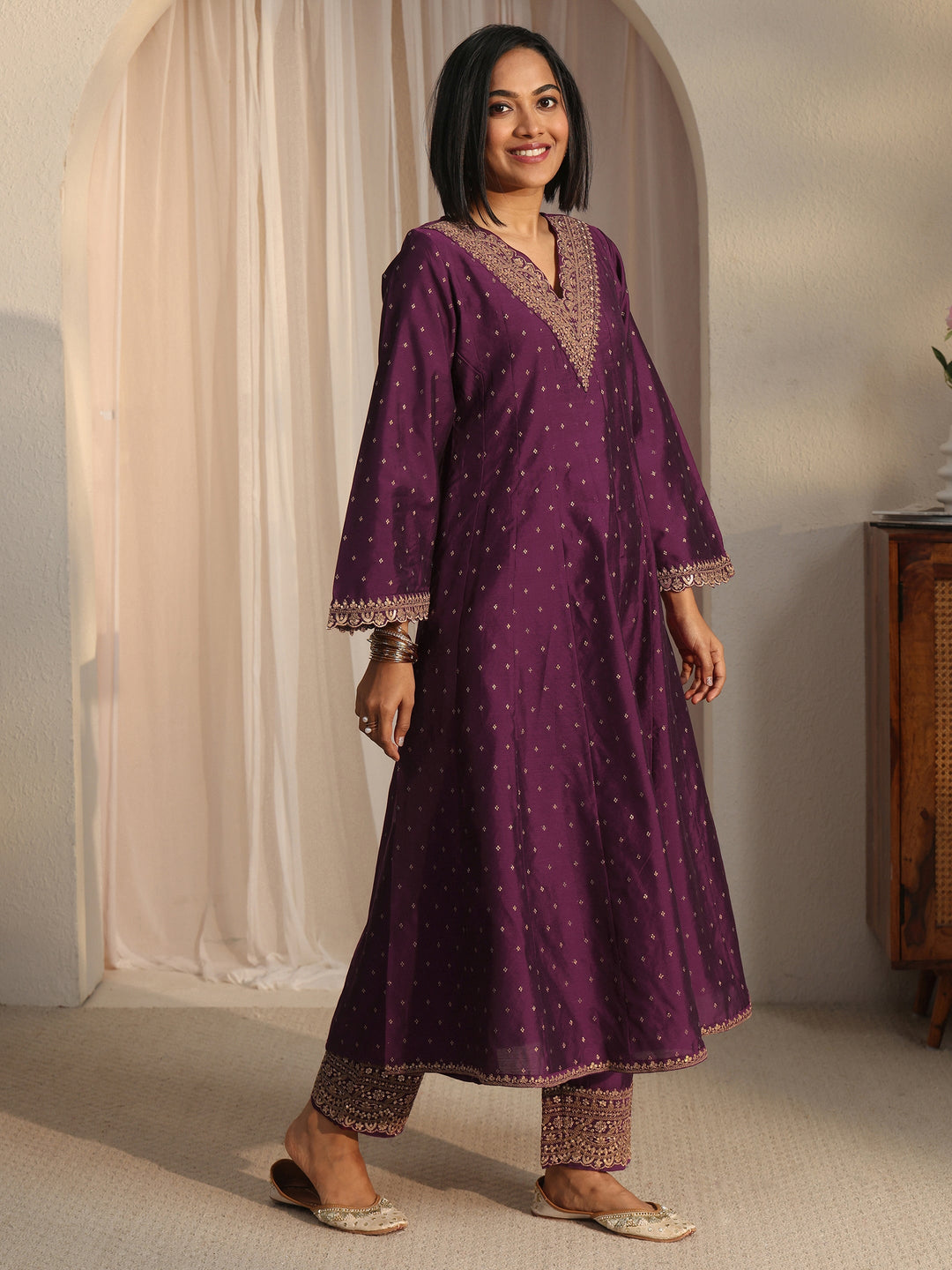 Libas Burgundy Ethnic Embroidered Silk Blend A-Line Suit Set