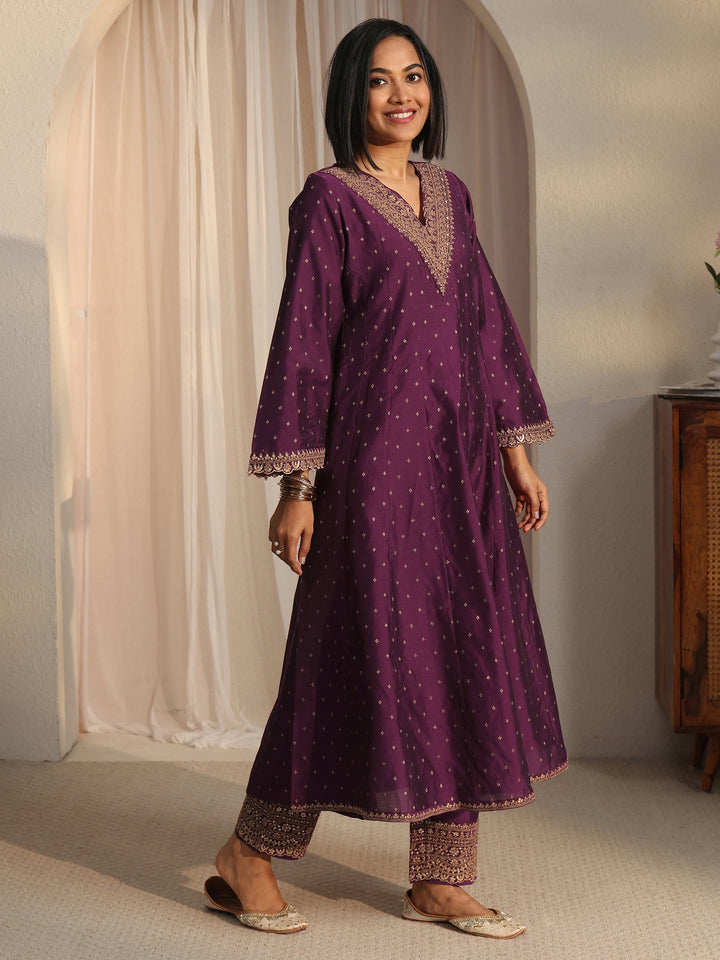 Libas Burgundy Ethnic Embroidered Silk Blend A-Line Suit Set
