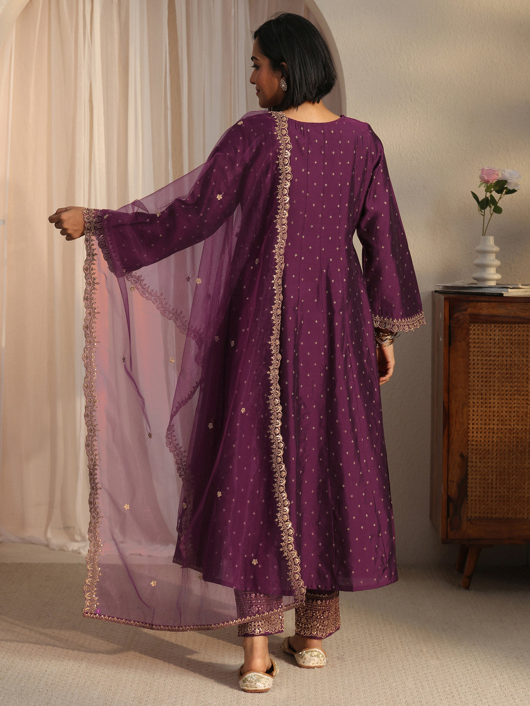 Libas Burgundy Ethnic Embroidered Silk Blend A-Line Suit Set