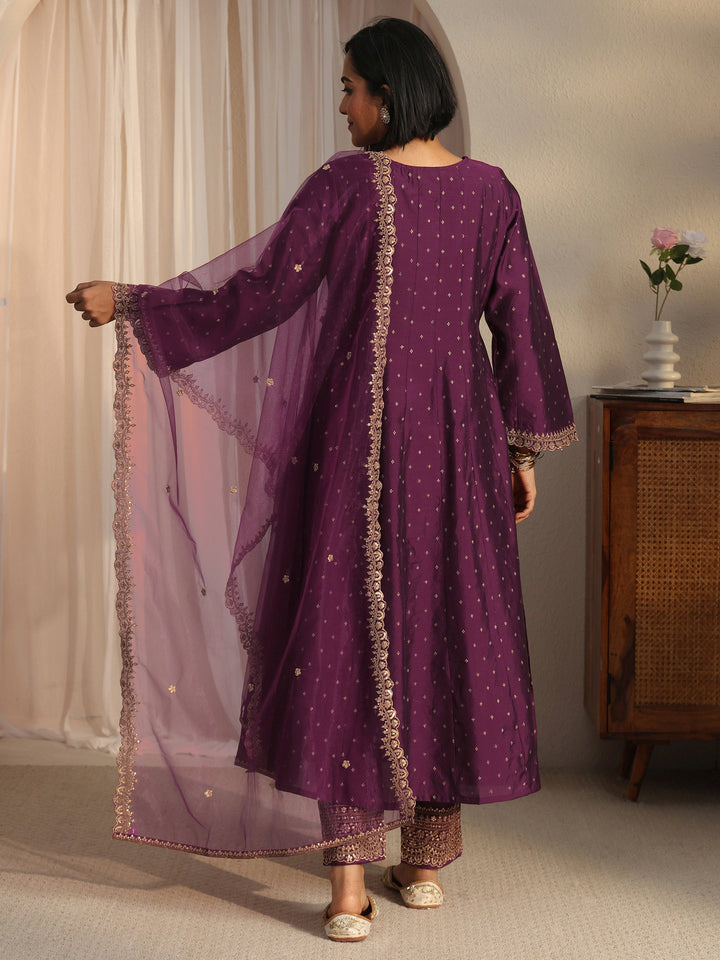 Libas Burgundy Ethnic Embroidered Silk Blend A-Line Suit Set