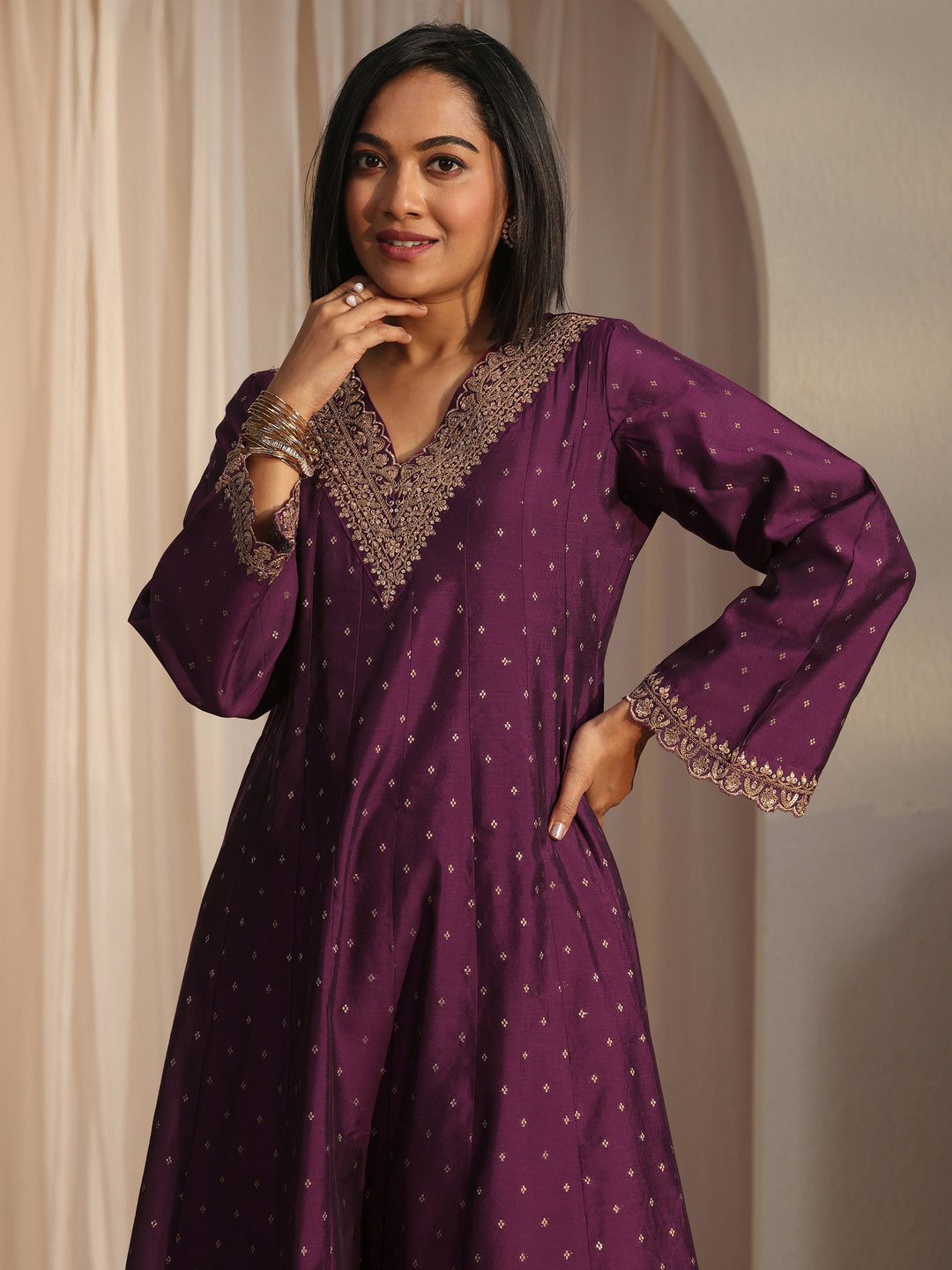 Libas Burgundy Ethnic Embroidered Silk Blend A-Line Suit Set