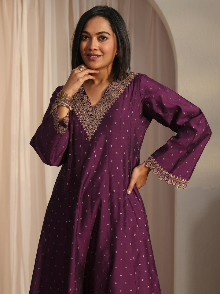 Libas Burgundy Ethnic Embroidered Silk Blend A-Line Suit Set