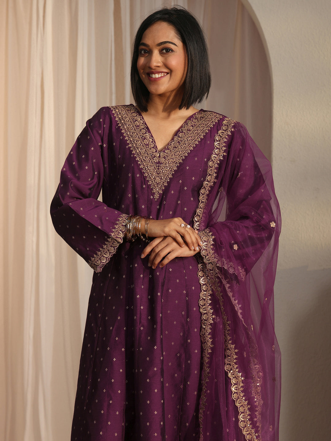 Libas Burgundy Ethnic Embroidered Silk Blend A-Line Suit Set