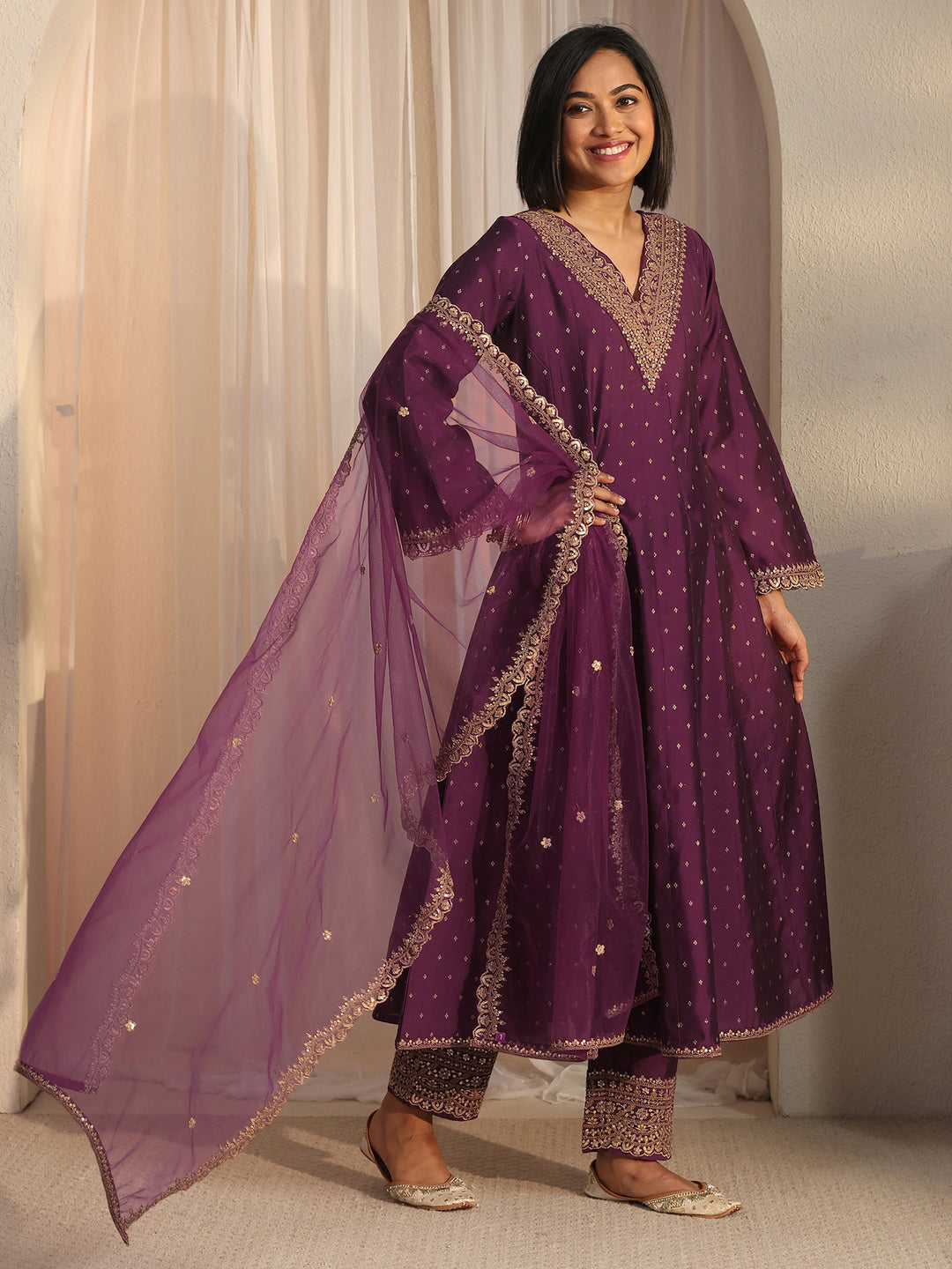 Libas Burgundy Ethnic Embroidered Silk Blend A-Line Suit Set