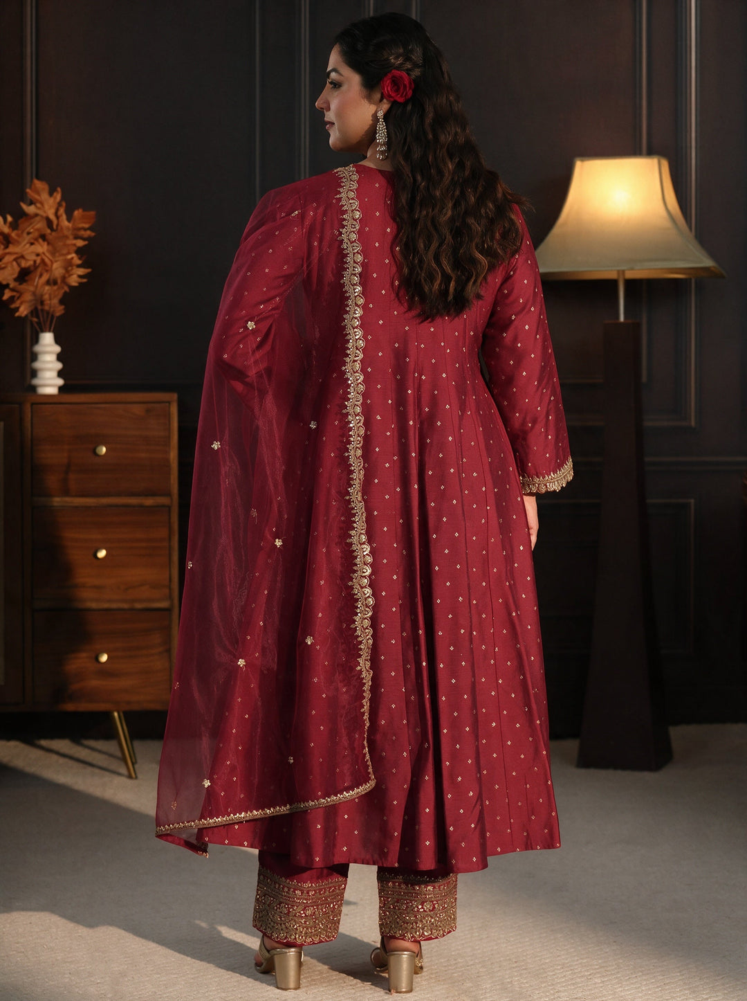 Plus Size Red Ethnic Motif Woven Design Silk Blend Anarkali Suit Set