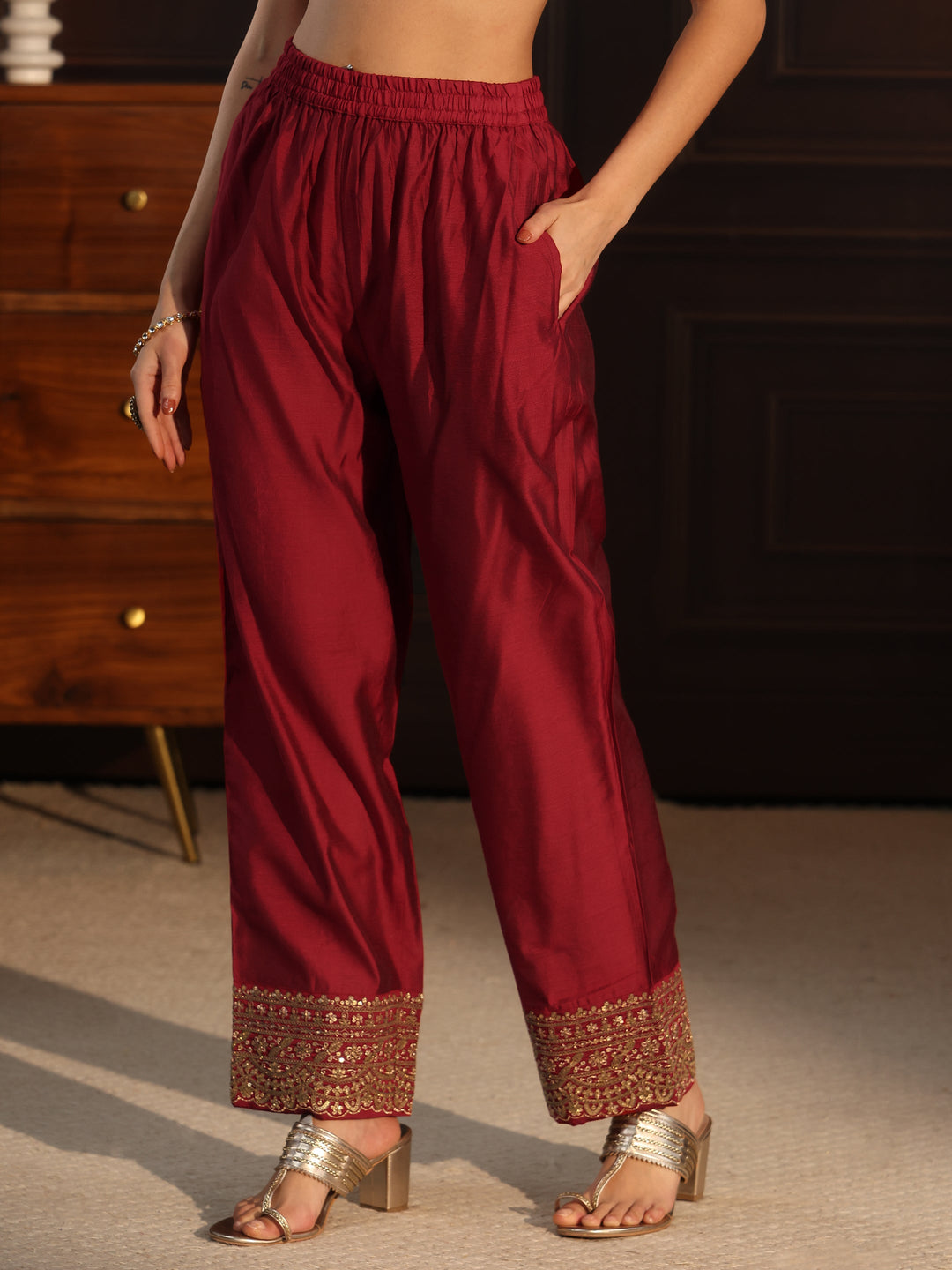 Libas Red ethnic motif woven design panelled anarkali kurta with solid trouser & embroidered net dupatta
