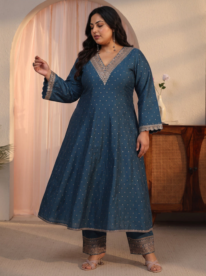 Plus Size Teal Blue Ethnic Embroidered Silk Blend A-Line Suit Set