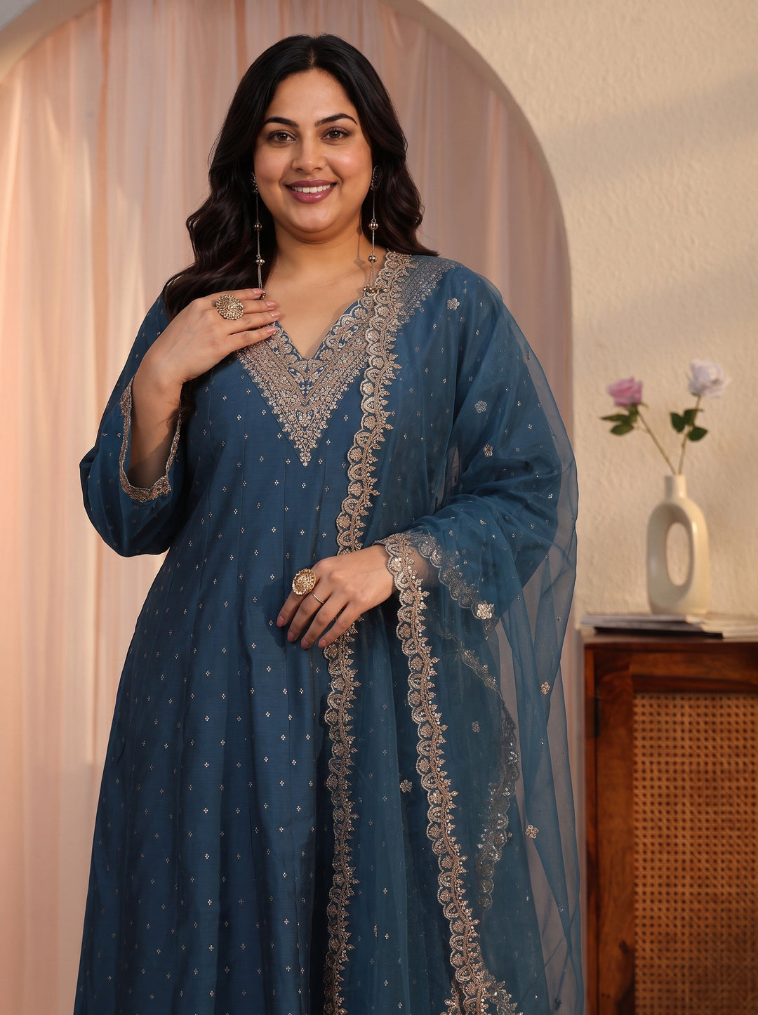 Plus Size Teal Blue Ethnic Embroidered Silk Blend A-Line Suit Set