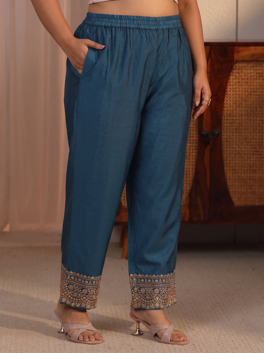 Plus Size Teal Blue Ethnic Embroidered Silk Blend A-Line Suit Set